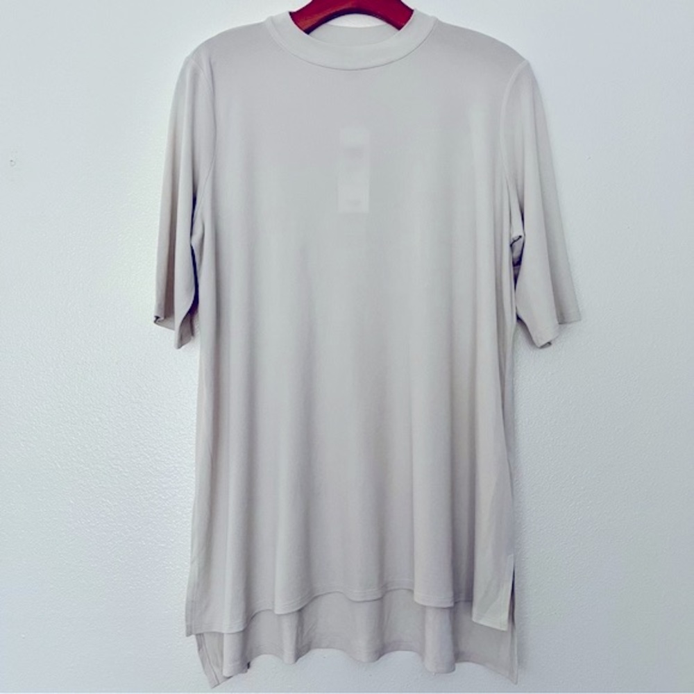 EILEEN FISHER Silk Mock Neck Top Bone Color Stretch Jersey Tunic Small